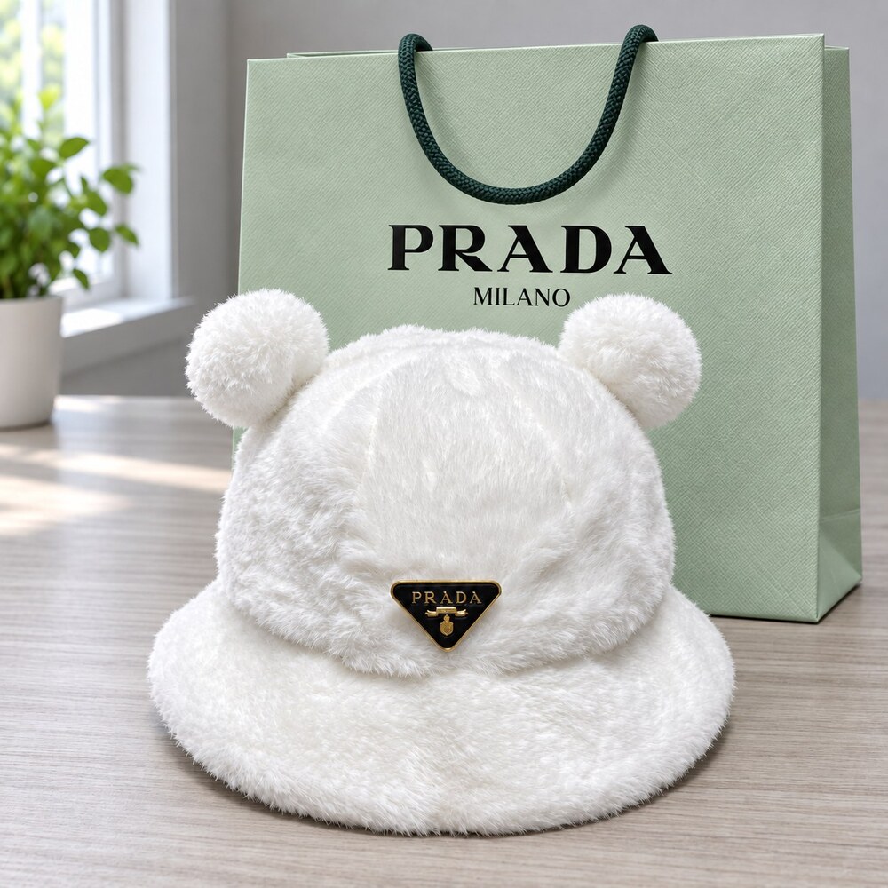 Prada White Plush Ear Bucket Hat